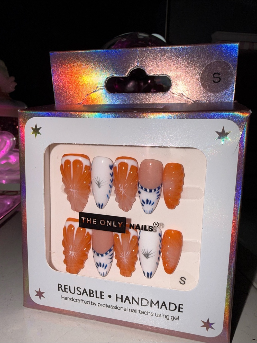 The Only Nails Orange & White Reusable Handmade Press-On Set Size Small
